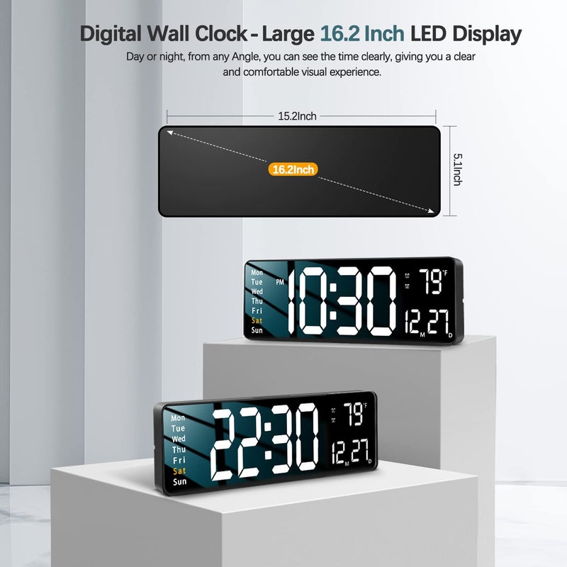 JoFomp Digital Wall Clock Large 16 Inch LED Display Remote Control Alarm Clock Automatic Brightness Date Week Timer Temperature 1224H Wall Mount for Home Office White - Image 2