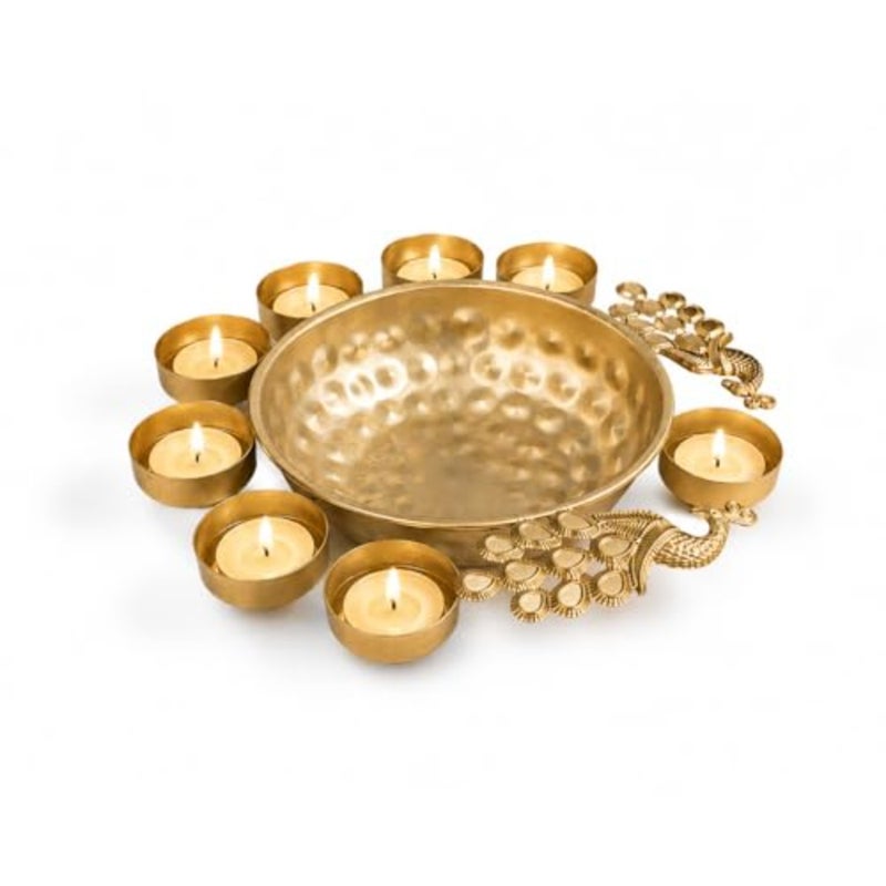 Decorative Peacock Urli Bowl with 8 Diyas for Home Decor, Handcrafted Metal Floating Flower Bowl with Tea Light Candle Holders for Diwali Decoration, Living Room and Office Decor Gift - Image 2