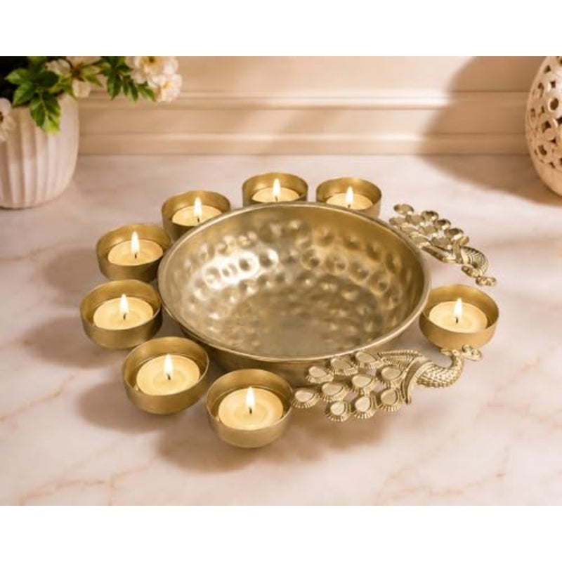 Decorative Peacock Urli Bowl with 8 Diyas for Home Decor, Handcrafted Metal Floating Flower Bowl with Tea Light Candle Holders for Diwali Decoration, Living Room and Office Decor Gift - Image 4