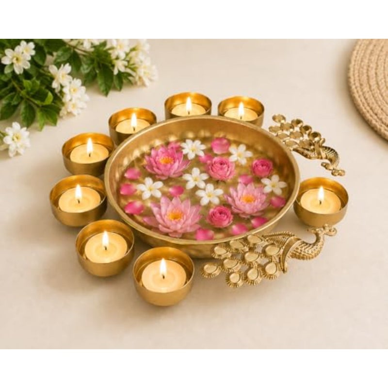Decorative Peacock Urli Bowl with 8 Diyas for Home Decor, Handcrafted Metal Floating Flower Bowl with Tea Light Candle Holders for Diwali Decoration, Living Room and Office Decor Gift - Image 1