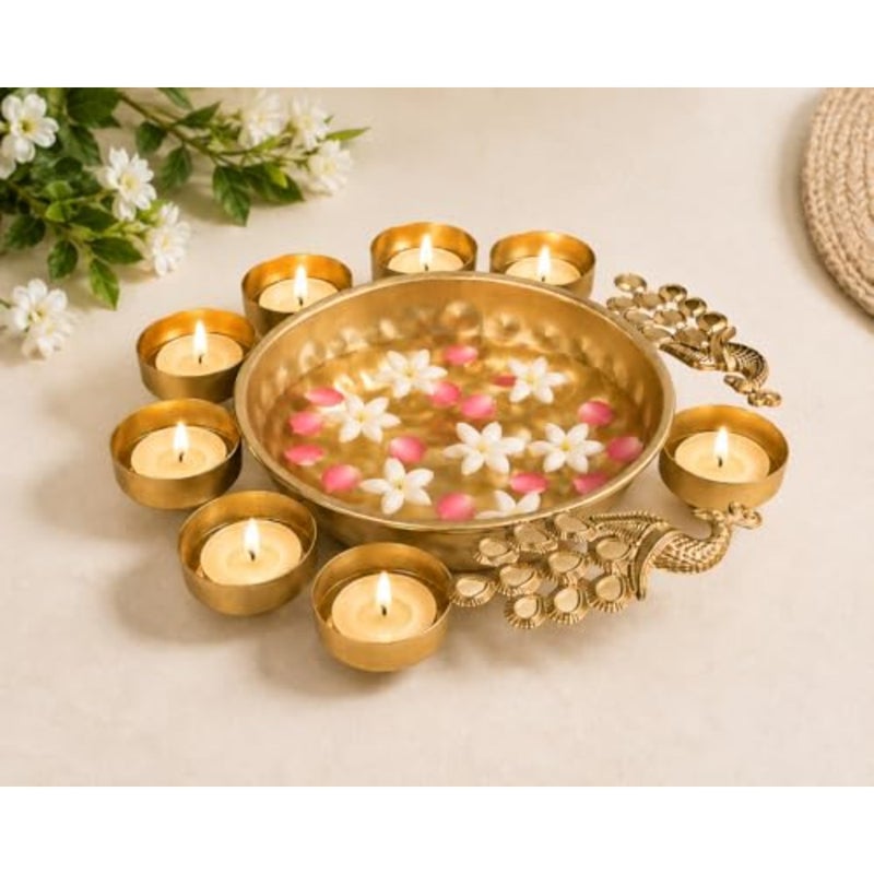 Decorative Peacock Urli Bowl with 8 Diyas for Home Decor, Handcrafted Metal Floating Flower Bowl with Tea Light Candle Holders for Diwali Decoration, Living Room and Office Decor Gift - Image 3
