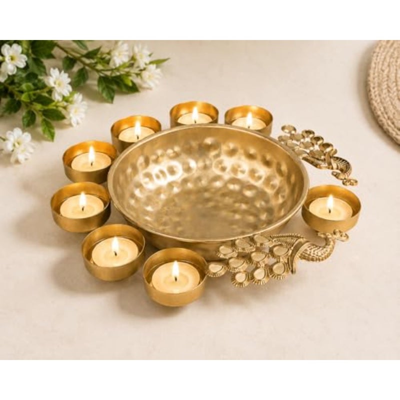 Decorative Peacock Urli Bowl with 8 Diyas for Home Decor, Handcrafted Metal Floating Flower Bowl with Tea Light Candle Holders for Diwali Decoration, Living Room and Office Decor Gift - Image 5