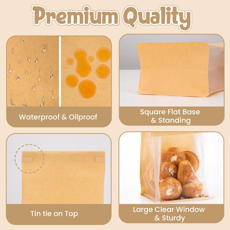 HONKID Bread and Cookie Bags with Seal, 50 Pack 11 x 5.1 x 3.9 Inches Bakery Bags with Window Reusable Tin Tie Tab Lock for Sealed Baked Goods Packaging for Pastry Bagels Breads Treats Cookies Brown - Image 3