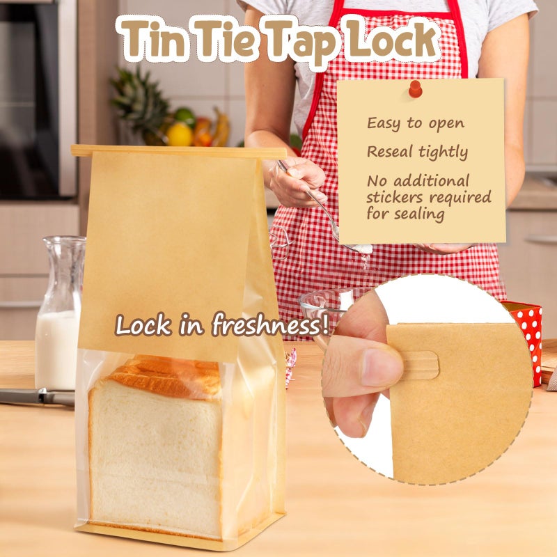HONKID Bread and Cookie Bags with Seal, 50 Pack 11 x 5.1 x 3.9 Inches Bakery Bags with Window Reusable Tin Tie Tab Lock for Sealed Baked Goods Packaging for Pastry Bagels Breads Treats Cookies Brown - Image 4