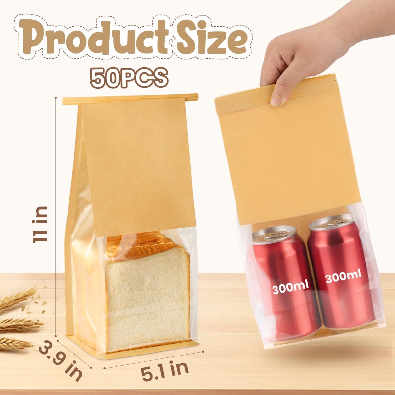 HONKID Bread and Cookie Bags with Seal, 50 Pack 11 x 5.1 x 3.9 Inches Bakery Bags with Window Reusable Tin Tie Tab Lock for Sealed Baked Goods Packaging for Pastry Bagels Breads Treats Cookies Brown - Image 2