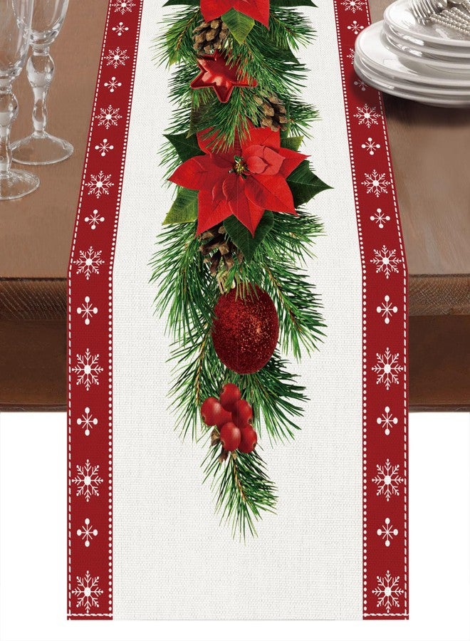 Netnology Watercolor Poinsettia Red Christmas Table Runner with White Snowflake,Seasonal Winter Xmas Party Decoration Holiday Indoor Home Kitchen Decor 13 x 72 Inch - Image 1