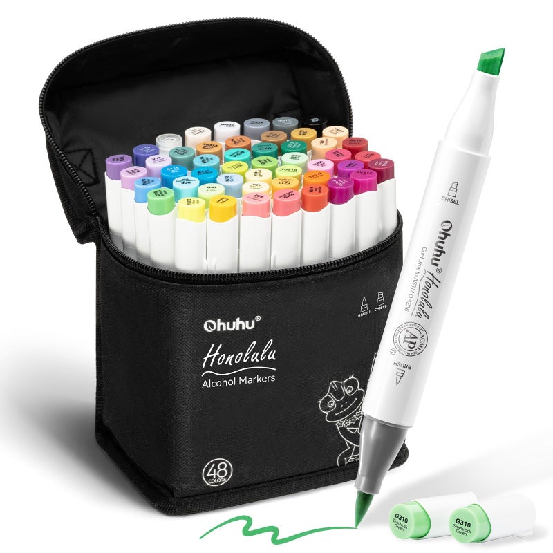 Ohuhu Alcohol Markers Brush Tip: 48-Color Double Tipped Art Marker Set for Artist Adults Coloring Illustrations -Honolulu -Brush & Chisel -Refillable - Image 1