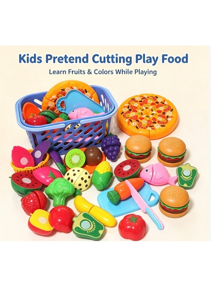 25Pcs Kids Cutting Play Food Set, Pizza Fruits Vegetables Kitchen Pretend Toy with Storage Basket” - Image 2
