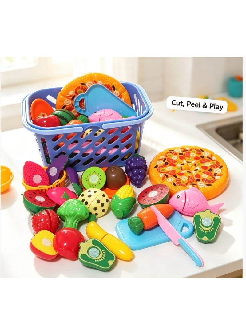 25Pcs Kids Cutting Play Food Set, Pizza Fruits Vegetables Kitchen Pretend Toy with Storage Basket” - Image 3