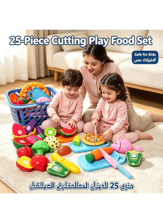 25Pcs Kids Cutting Play Food Set, Pizza Fruits Vegetables Kitchen Pretend Toy with Storage Basket” - Image 1