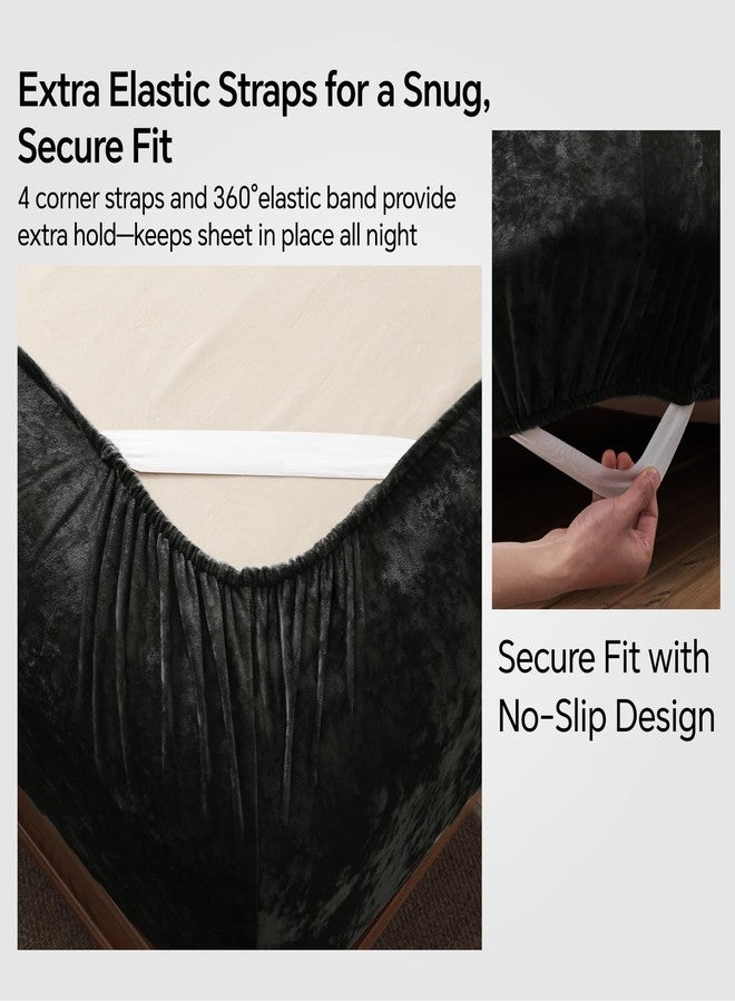 BEDELITE Velvet Fitted Sheet and Pillowcases Set, Luxury Soft Fuzzy Bottom Sheet with Reinforced Elastic Corner Straps, Deep Pocket up to 15 Inch, 1 Fitted Sheet and 2 Pillowcases (Queen, Black) - Image 4