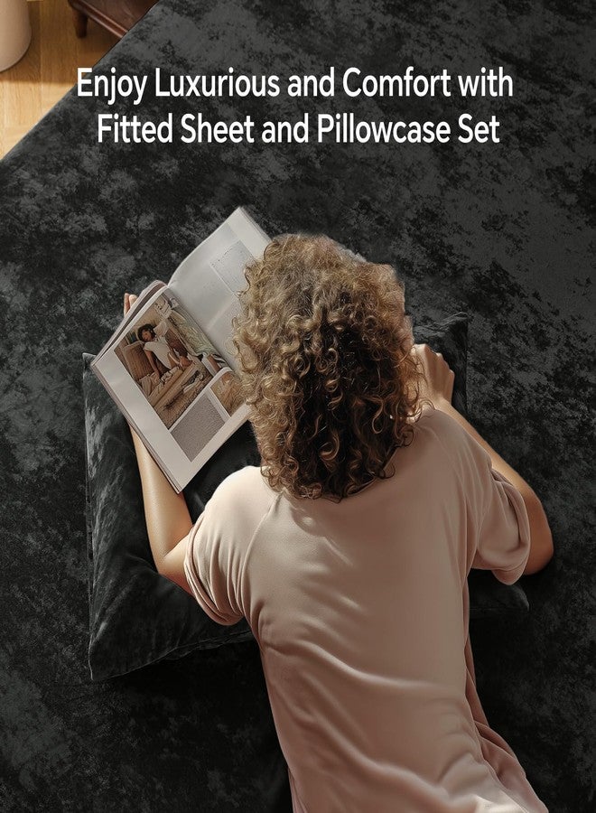 BEDELITE Velvet Fitted Sheet and Pillowcases Set, Luxury Soft Fuzzy Bottom Sheet with Reinforced Elastic Corner Straps, Deep Pocket up to 15 Inch, 1 Fitted Sheet and 2 Pillowcases (Queen, Black) - Image 2