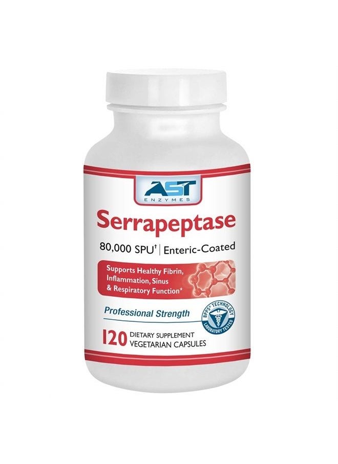 AST Enzymes - Serrapeptase 80,000 SPU – 120 Vegetarian Capsules - Premium Natural Systemic Enzymes – Enteric-Coated Serrapeptase - Image 1
