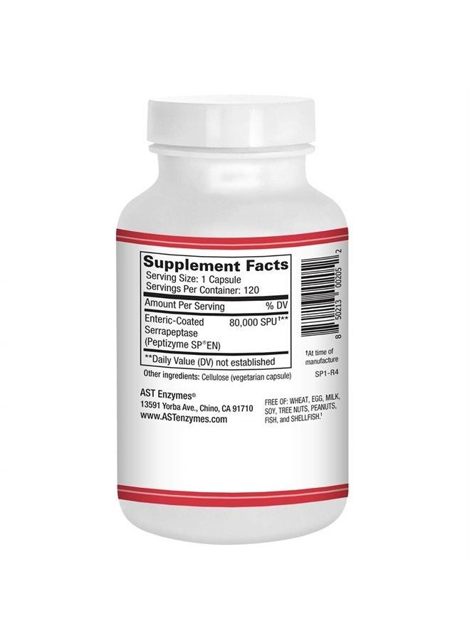 AST Enzymes - Serrapeptase 80,000 SPU – 120 Vegetarian Capsules - Premium Natural Systemic Enzymes – Enteric-Coated Serrapeptase - Image 1