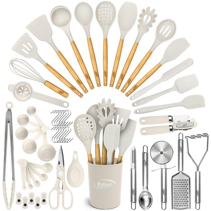 50 PCS SILICONE KITCHEN UTENSILS SET COMPLETE KITCHEN SET 800F HEAT RESISTANT NONSTICK PREMIUM COOKING UTENSILS W WOODEN HANDLES CAN OPENER MASHER TURNER SILICONE SPATULA SET