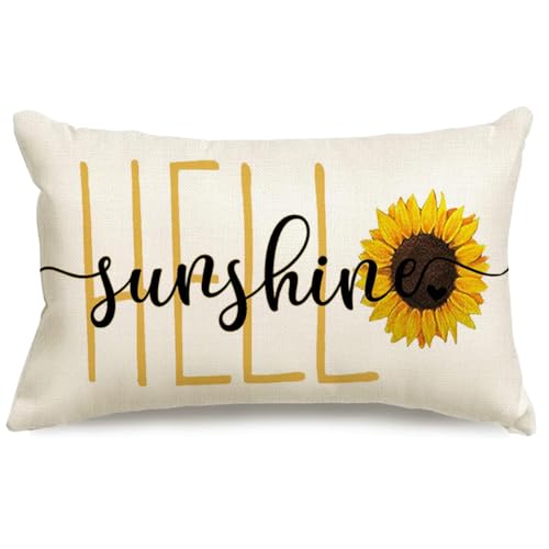 RABUSOFA Hello Sunshine Sunflower Spring Summer Throw Pillow Covers12x20 Inch Quote White Farmhouse Lumbar Decorative Cushion Case Decoration for Sofa Couch Single