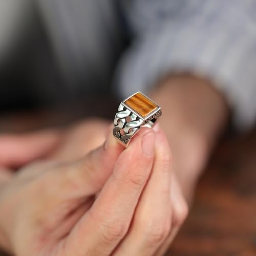 Babylon Silver Men's Tiger Eye Stone Square Ring in Solid Genuine 925 Sterling Silver Handmade Cuban Link Chain Motif Braided Ring (Tiger Eye, 12) - Image 4