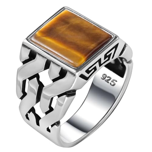 Babylon Silver Men's Tiger Eye Stone Square Ring in Solid Genuine 925 Sterling Silver Handmade Cuban Link Chain Motif Braided Ring (Tiger Eye, 12) - Image 1
