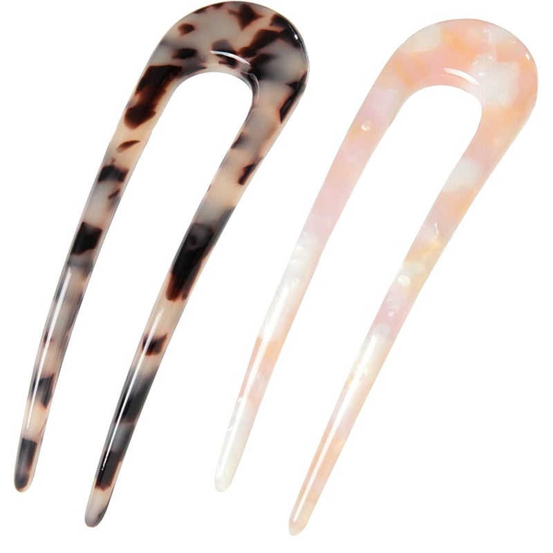 Fsmiling French Hair Pins Tortoise Shell French Hair Forks U Shaped French Pins 2 Prong Hair Sticks Acetate Chignon Pin for Women Hairstyle Accessories 2 Pack - Image 1
