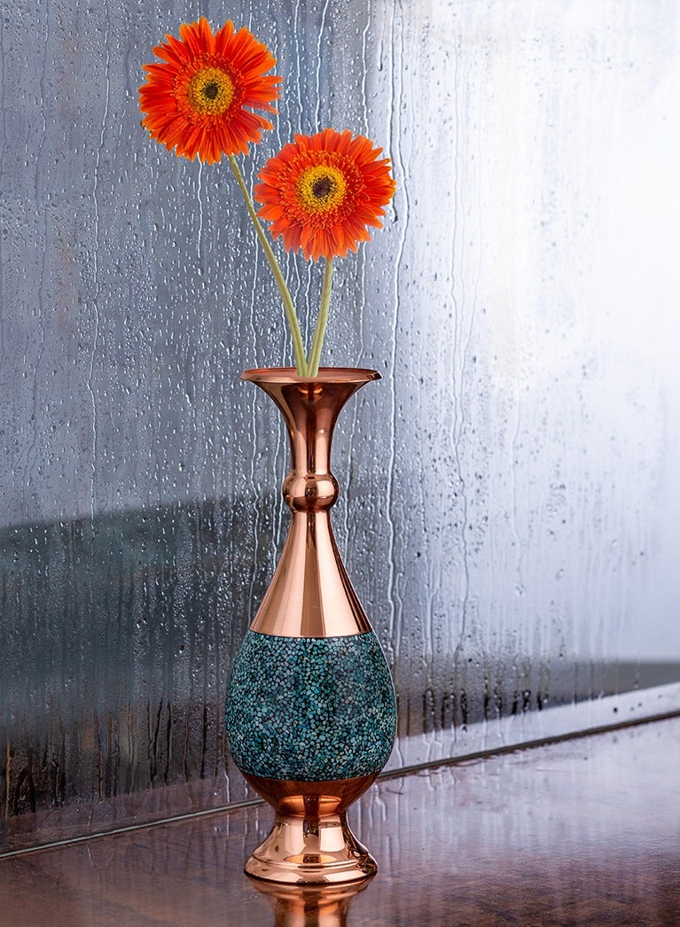 Aghajani Handcrafted Antique Copper and Turquoise Sorahi Vase, 30cm Vintage-Inspired Home Decor - Image 1