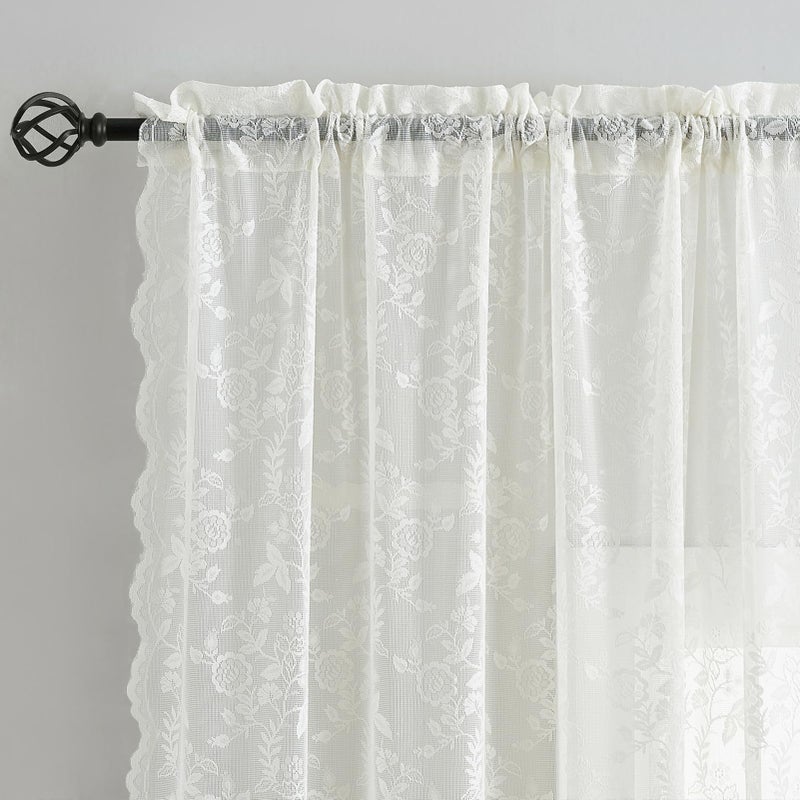 FINECITY Lace Curtains 54 Inch Length for Bedroom, Rustic Leaf Floral Pattern Lace Curtain Panels, Rod Pocket Vintage Privacy Window Sheer Lace Curtains, 42 x 54 Inch, 2 Panels, Ivory - Image 2
