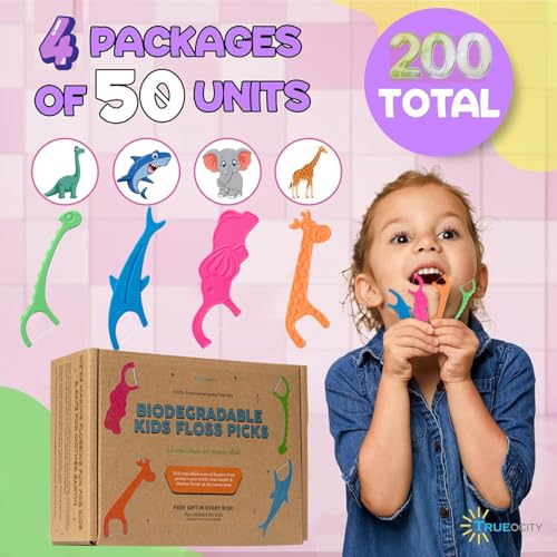 Trueocity Biodegradable Kids Flossers -200 Pack, Natural Kids Floss Picks, Fluoride Free, Biodegradable Floss Pick, Organic Animal Dental Floss Picks, Dental Floss Sticks - 4 Fun Animal Designs - Image 4