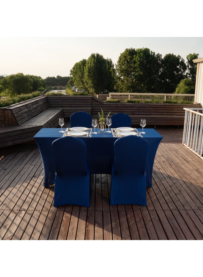 Restaurantware Table Tek 72 x 30 Inch Rectangle Table Covers, 10 Washable Spandex Tablecloths - Wrinkle-Free, Durable, Blue Polyester Fitted Tablecloths, For Parties, Banquets, or Weddings,  - Image 3