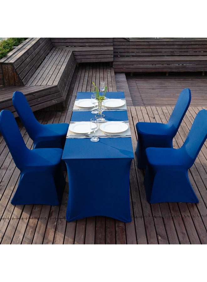 Restaurantware Table Tek 72 x 30 Inch Rectangle Table Covers, 10 Washable Spandex Tablecloths - Wrinkle-Free, Durable, Blue Polyester Fitted Tablecloths, For Parties, Banquets, or Weddings,  - Image 5