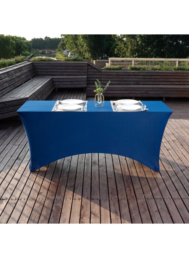 Restaurantware Table Tek 72 x 30 Inch Rectangle Table Covers, 10 Washable Spandex Tablecloths - Wrinkle-Free, Durable, Blue Polyester Fitted Tablecloths, For Parties, Banquets, or Weddings,  - Image 4