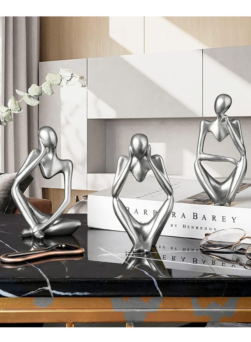 Raxoom Silver Sculpture 3 Pcs Thinker Statue set Abstract Sculptures Home Decor Modern Small Silver Statues Decor Accents for Bookshelf Coffee Table Shelf Desktop Office Decor Collectible Figurines Decor - Image 2