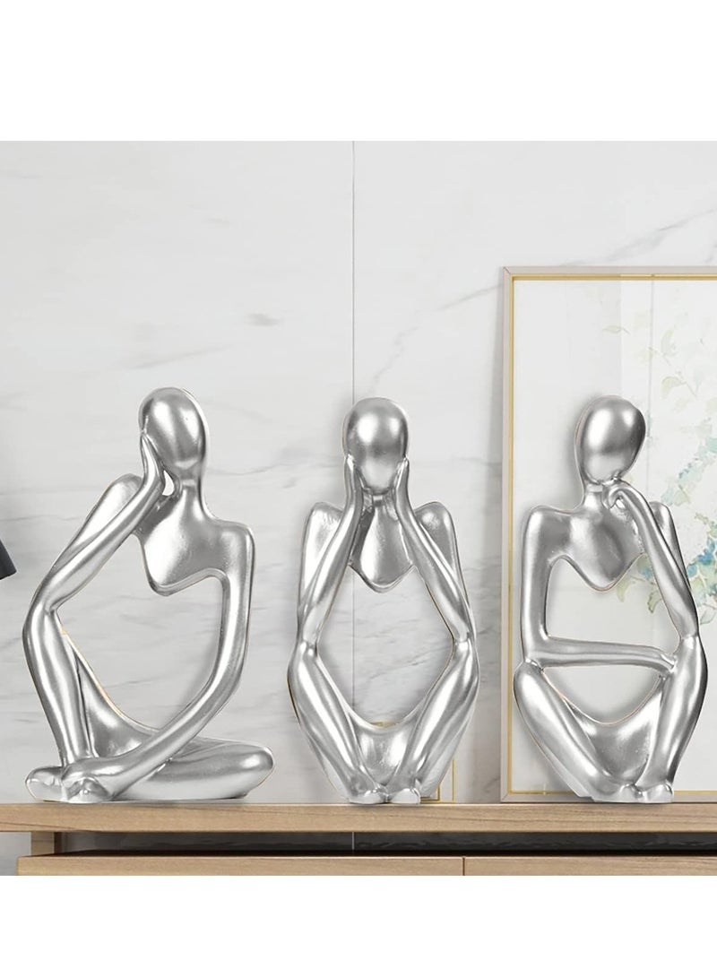 Raxoom Silver Sculpture 3 Pcs Thinker Statue set Abstract Sculptures Home Decor Modern Small Silver Statues Decor Accents for Bookshelf Coffee Table Shelf Desktop Office Decor Collectible Figurines Decor - Image 3