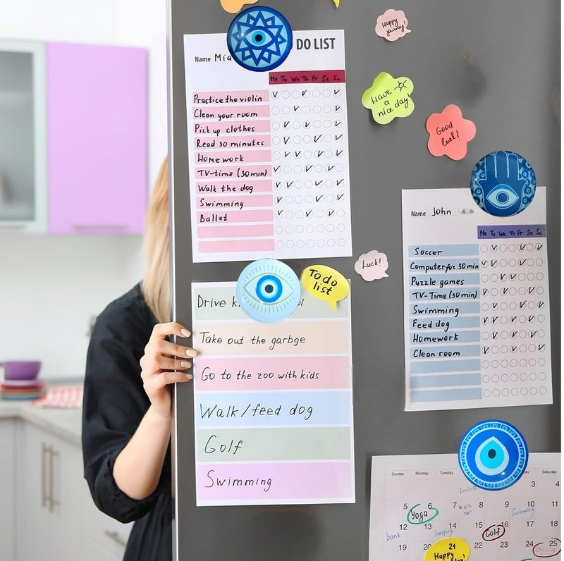 Seven Moon Decorative Evil Eye and Hamsa Hand Fridge Magnets Stylish Crystal Refrigerator Magnets for Kitchen Office Whiteboard Cute, Blue and White, Set of 4 - Image 3