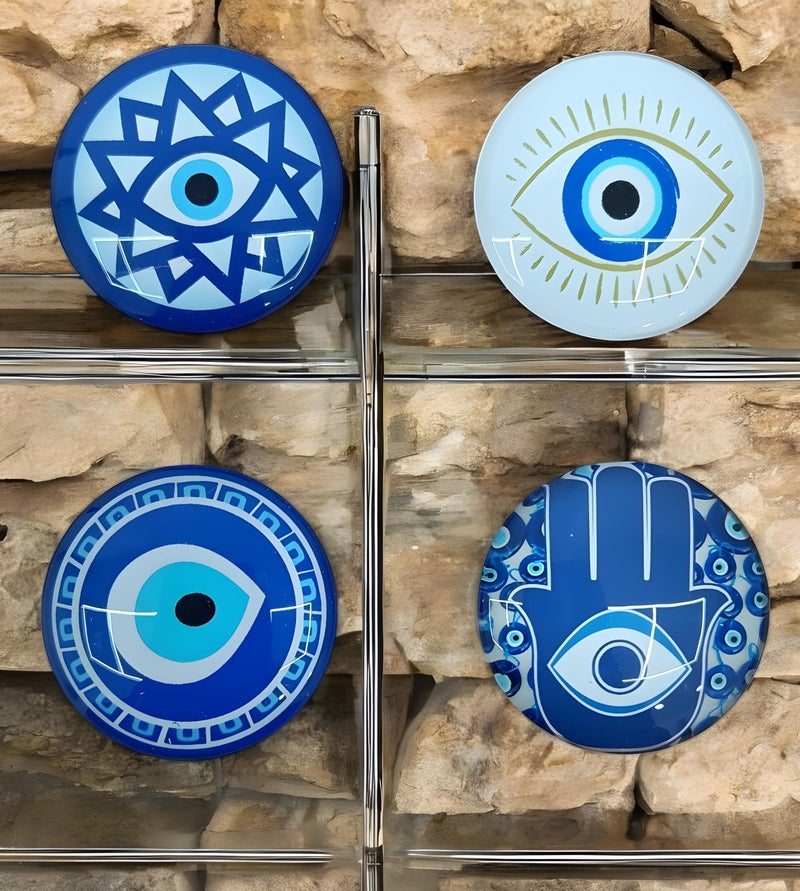 Seven Moon Decorative Evil Eye and Hamsa Hand Fridge Magnets Stylish Crystal Refrigerator Magnets for Kitchen Office Whiteboard Cute, Blue and White, Set of 4 - Image 1