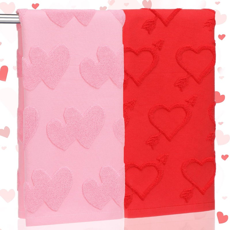 Remagr 2 Pcs Hand Towel 100% Cotton 3D Jacquard Weave Kitchen Bathroom Towel 29.5 x 13.7 Inch Bath Decor Married Couple Gifts Anniversary Wedding Decoration (Heart) - Image 1