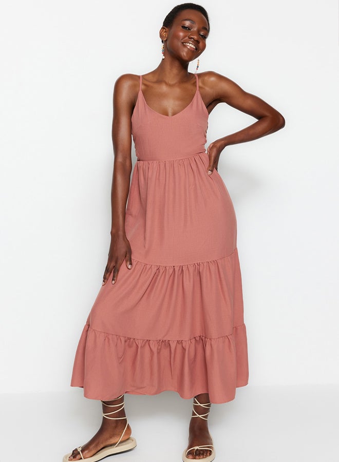 trendyol Dusty Rose Skirt Flounced Back Tie Detail Strap Maxi Woven Dress - Image 4