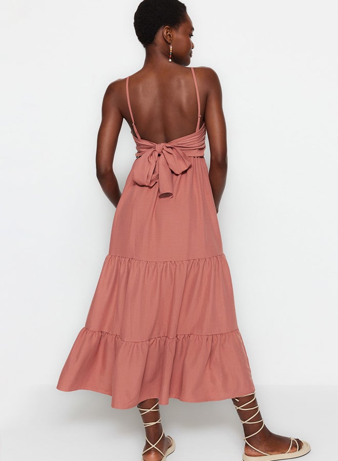 trendyol Dusty Rose Skirt Flounced Back Tie Detail Strap Maxi Woven Dress - Image 1