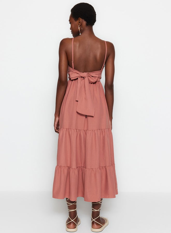 trendyol Dusty Rose Skirt Flounced Back Tie Detail Strap Maxi Woven Dress - Image 5