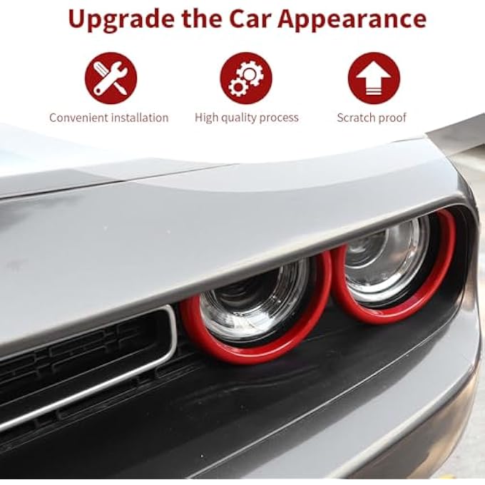 ريحني لتغطية إطار إطار المصابيح الأمامية من تشالنجر خاتم أحمر لدودج تشالنجر 20152023 ملحقات خارجية حمراء 4 قطع - Image 5