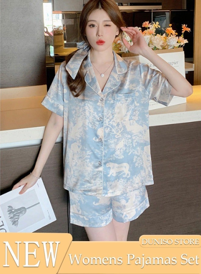 DUNISO Women's Soft Pajamas Set Silky Sleepwear 2 Piece Short sleeve Summer Pajama Set Sleepwear Night-wear Loungewear Button-Down Pajama Sets for Women's Pyjama Party Bridal Wedding - Image 1