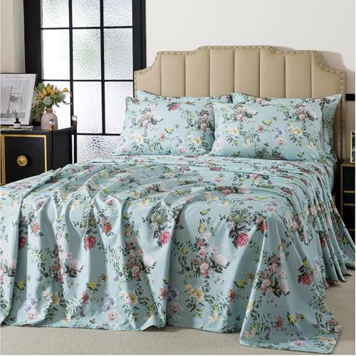 FADFAY Queen Size Sheet Set 4Piece 100 Cotton Mint Green Floral Bedding Soft Breathable Vintage Botanical Style Deep Pocket Fitted Sheet AllSeason Cozy Bed Sheet Set - Image 3