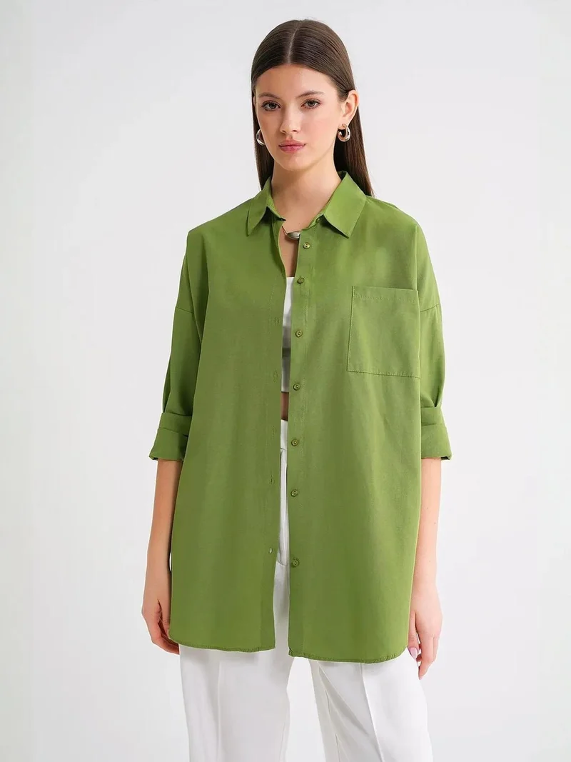 MixRay Lime Green Oversized Long-Sleeve Button-Up Poplin Shirt for Women | Best Price UAE