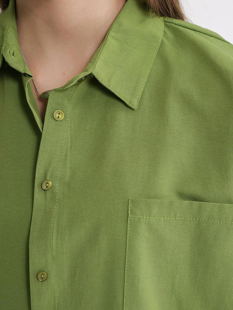 MixRay Lime Green Oversized Long-Sleeve Button-Up Poplin Shirt for Women | Best Price UAE
