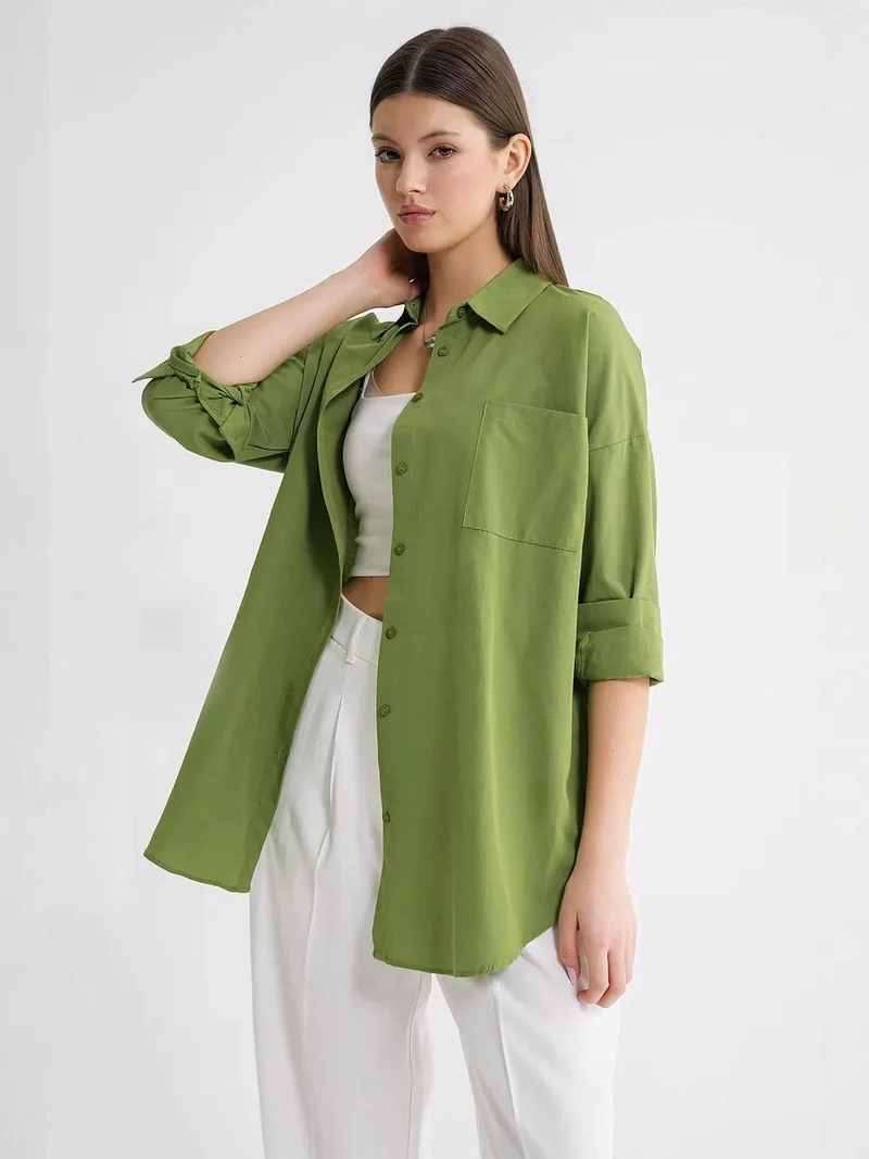 MixRay Oversized Long-Sleeve Button-Up Poplin Shirt