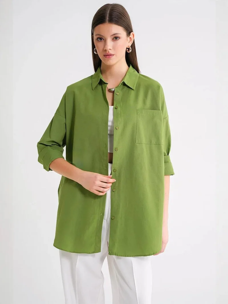 MixRay Lime Green Oversized Long-Sleeve Button-Up Poplin Shirt for Women | Best Price UAE
