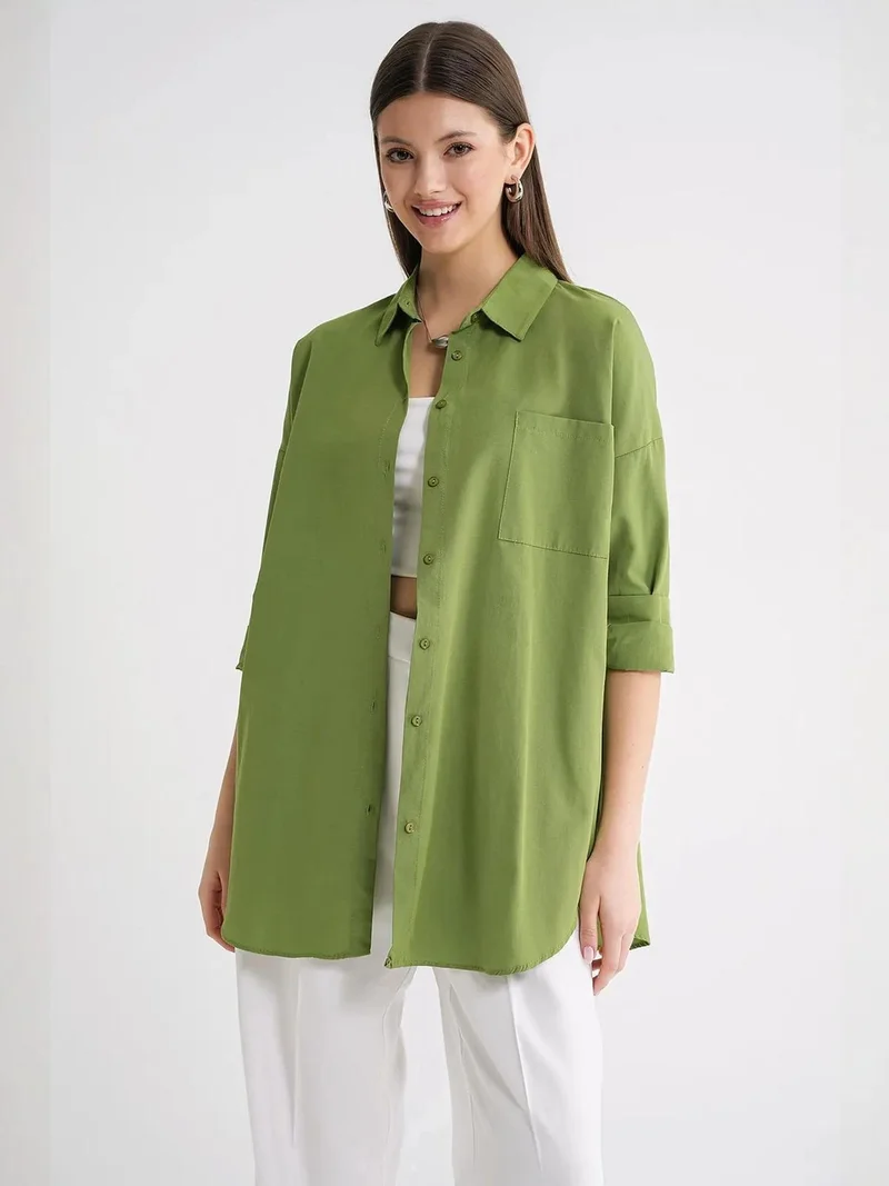 MixRay Lime Green Oversized Long-Sleeve Button-Up Poplin Shirt for Women | Best Price UAE