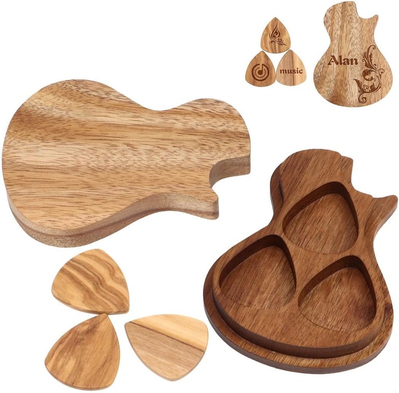 Custom Wooden Guitar Pick Set, 3 Pieces With Box Holder, Personalized Guitar Picks For Musicians - Image 1