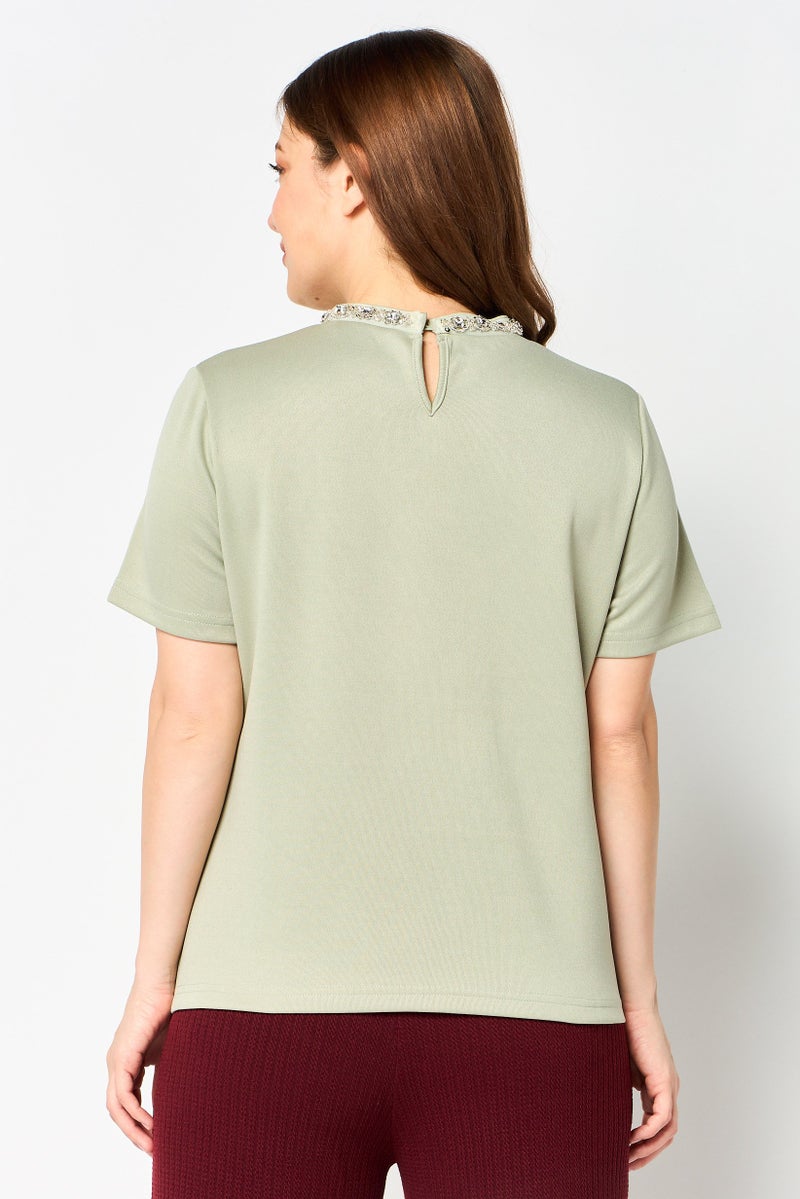 bebe Women Crew Neck Plain Short Sleeve Top, Sage Green - Image 4