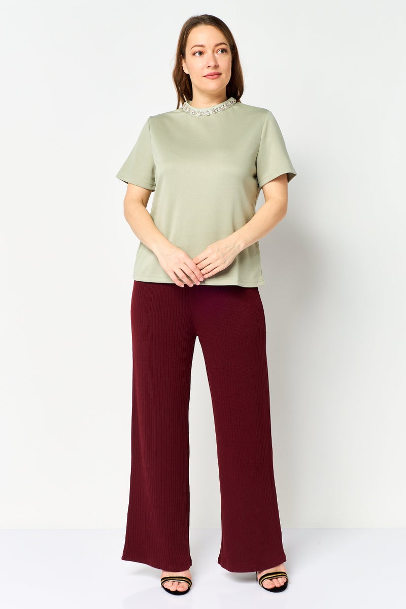 bebe Women Crew Neck Plain Short Sleeve Top, Sage Green - Image 3