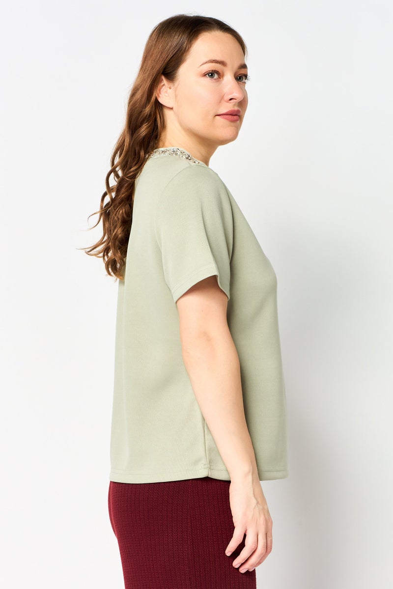 bebe Women Crew Neck Plain Short Sleeve Top, Sage Green - Image 2