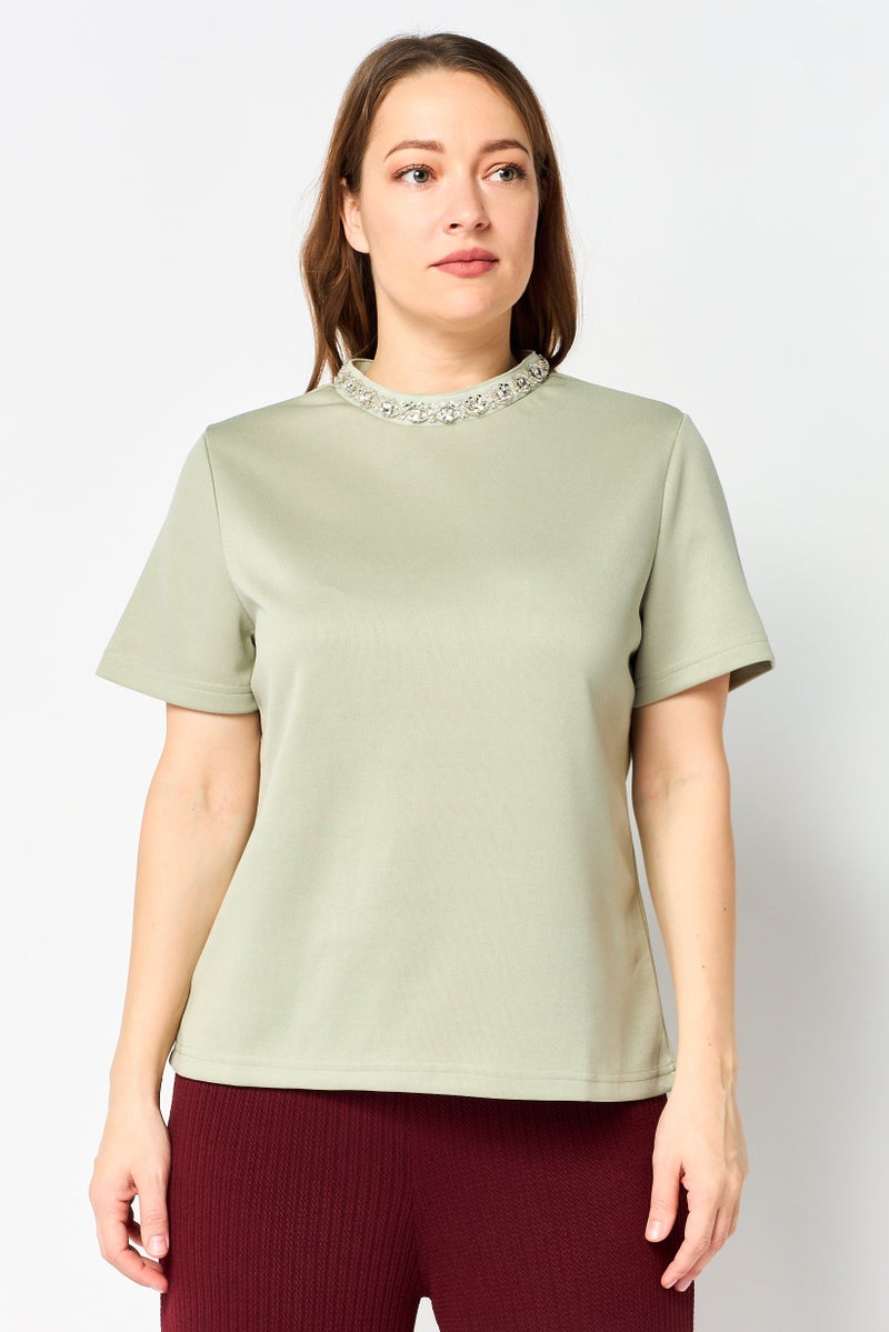 bebe Women Crew Neck Plain Short Sleeve Top, Sage Green - Image 1